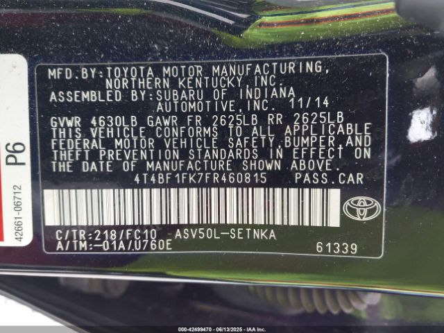 4T4BF1FK7FR460815 Toyota 2ar-fe