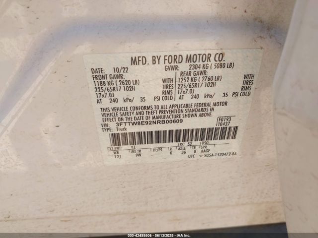 3FTTW8E92NRB00609 Ford ecoboost