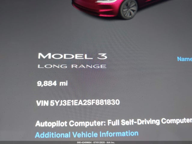 42499684 :رقم المزاد ، 5YJ3E1EA2SF881830 vin ، 2025 Tesla Model 3 Long Range Rear-wheel Drive مزاد بيع