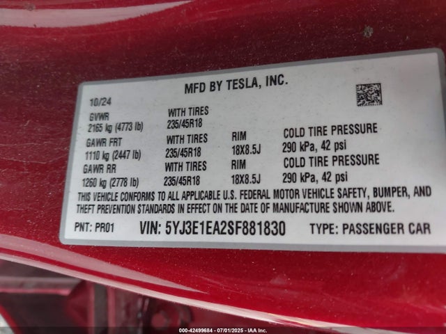 42499684 :رقم المزاد ، 5YJ3E1EA2SF881830 vin ، 2025 Tesla Model 3 Long Range Rear-wheel Drive مزاد بيع