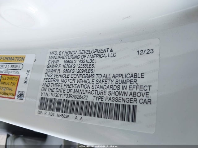 1HGCY1F33RA026422 Honda l15be