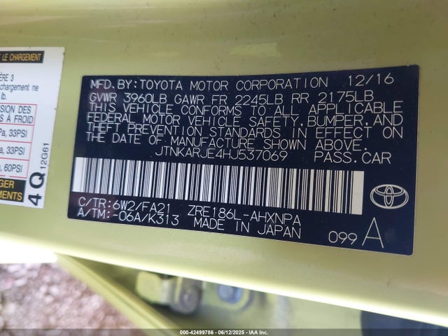 JTNKARJE4HJ537069 Toyota 2zr-fae