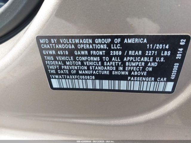 1VWAT7A3XFC050826 Volkswagen Passat 1.8t Wolfsburg Edition