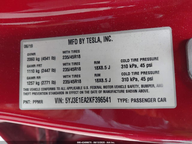 Tesla 2019 2019 5YJ3E1EA2KF396541 Image 9