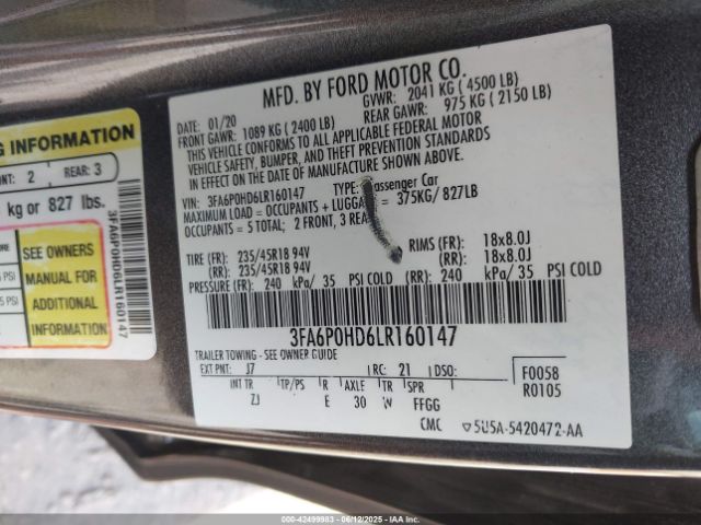 2020 FORD FUSION 3FA6P0HD6LR160147 Photo 8
