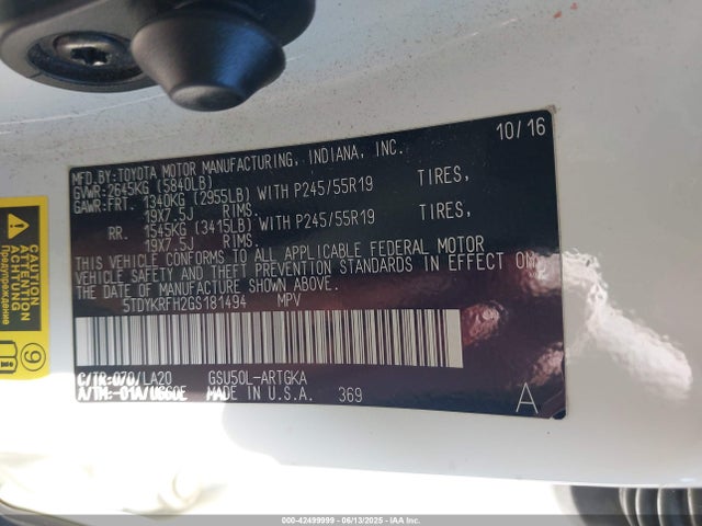 5TDYKRFH2GS181494 Toyota 2gr-fe
