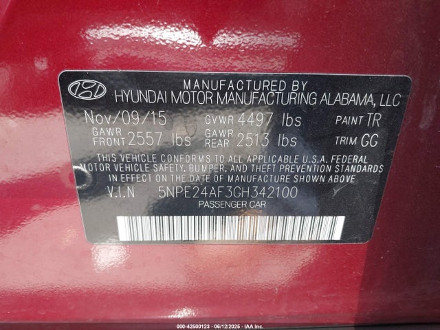 5NPE24AF3GH342100 Hyundai dohc gdi theta-ii