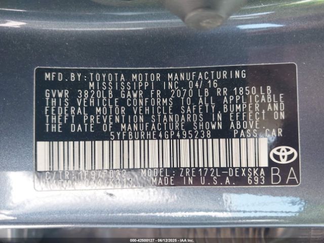 5YFBURHE4GP495238 Toyota 2zr-fe