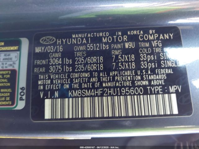 KM8SM4HF2HU195600 Hyundai gdi lambda ii