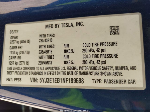2022 TESLA MODEL 3 5YJ3E1EB1NF189698 Photo 8