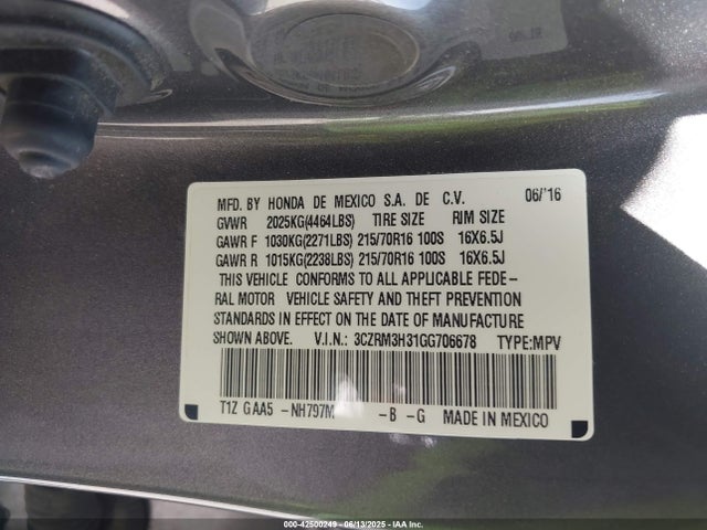 3CZRM3H31GG706678 Honda k24w9/k24v1