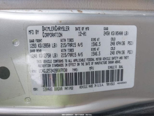 2002 CHRYSLER VOYAGER 1C4GJ25342B607830 Photo 8