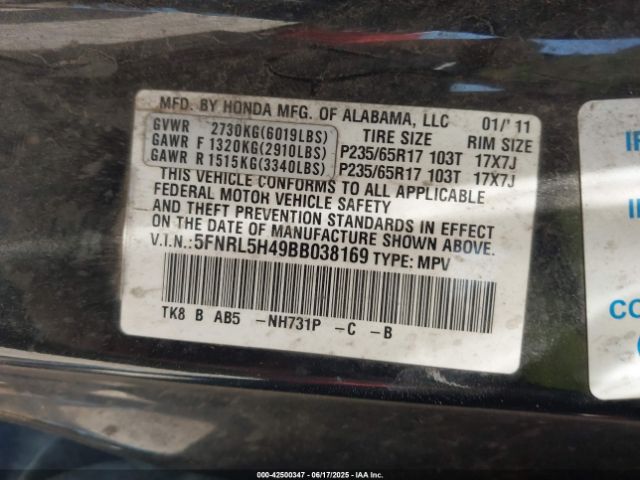 2011 HONDA ODYSSEY 5FNRL5H49BB038169 Photo 8