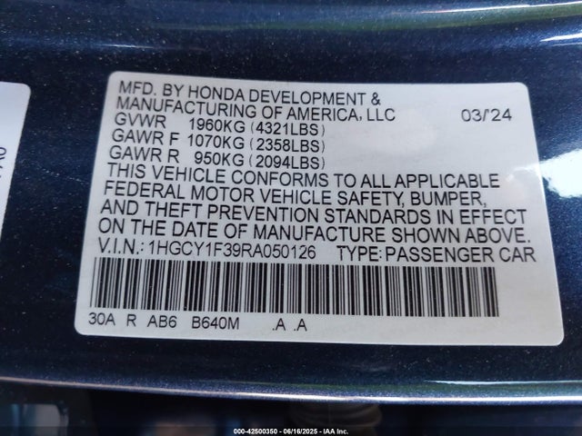 1HGCY1F39RA050126 Honda l15be