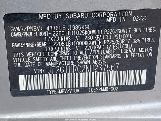 JF2GTHRC2NH237567 Subaru na