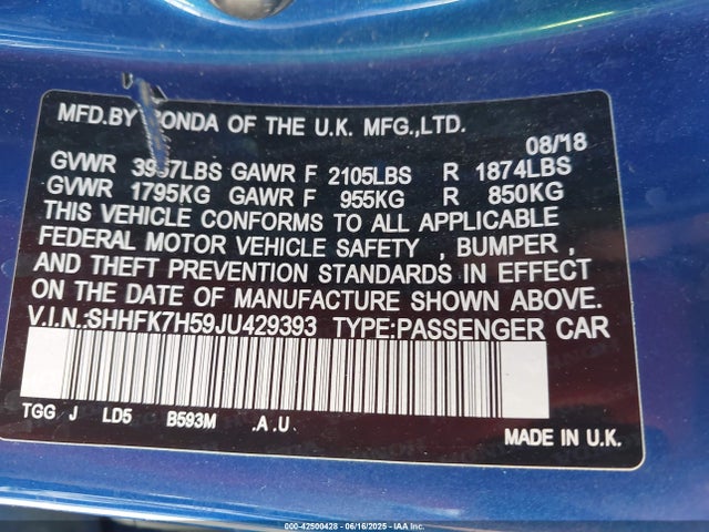 SHHFK7H59JU429393 Honda l15ba