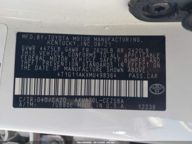 2021 TOYOTA CAMRY 4T1G11AKXMU498364 Photo 8