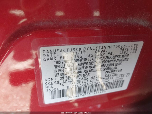 3N1AB7AP8KY416621 Nissan 2019