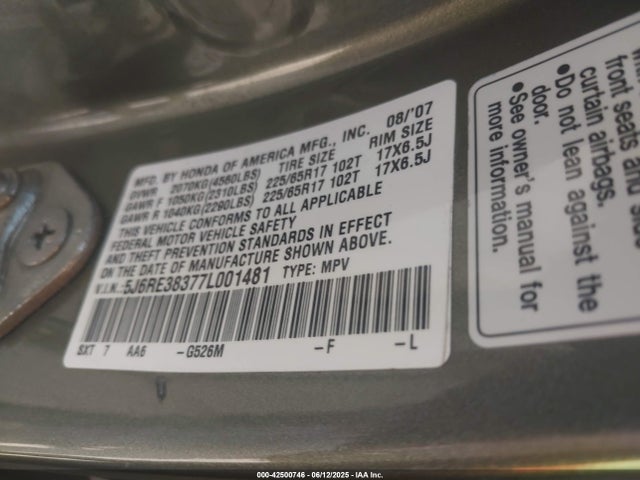42500746 :رقم المزاد ، 5J6RE38377L001481 vin ، 2007 Honda Cr-v Lx مزاد بيع