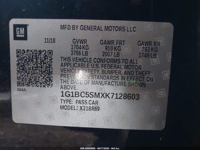 1G1BC5SMXK7128603 Chevrolet le2 -di: direct injection, vvt: variable valve timing, gen, alum