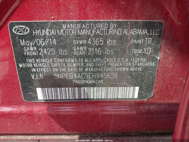 5NPEB4AC9EH945636 Hyundai SONATA GLS