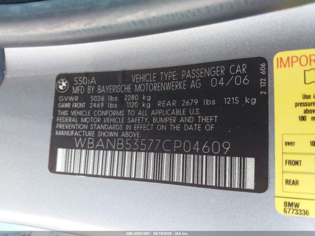 2007 BMW 550I WBANB53577CP04609 Photo 8