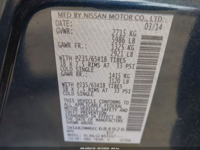 5N1AR2MM6EC684928 Nissan Pathfinder Sl