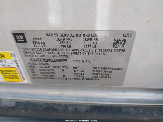 1GKKRTKD9GJ245985 GMC llt - sidi, alum, 60 degrees