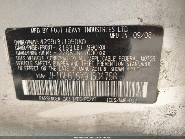 42502416 :رقم المزاد ، JF1GE616X9H504758 vin ، 2009 Subaru Impreza 2.5i مزاد بيع