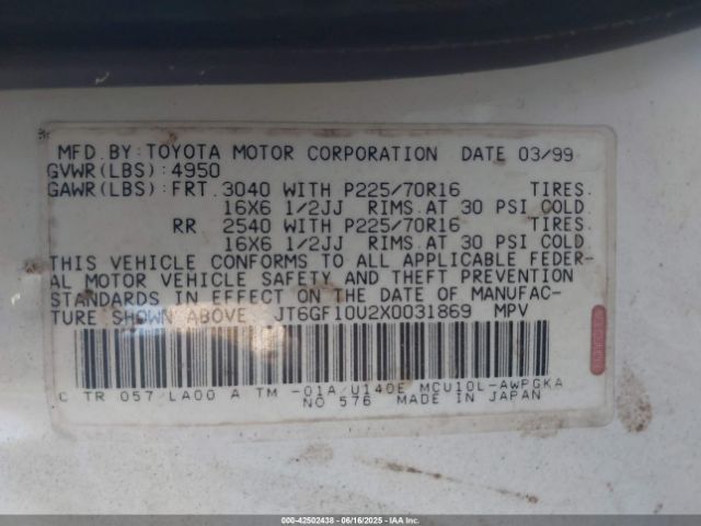 1999 LEXUS RX 300 JT6GF10U2X0031869 Photo 8