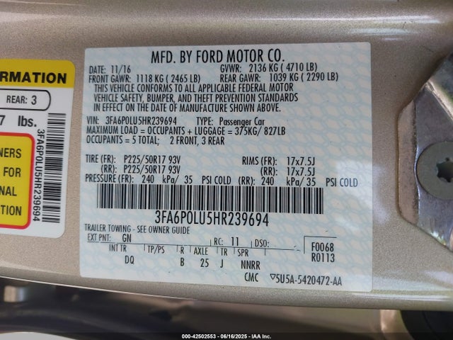 Ford 2.0l 4v atk hev 2017 3FA6P0LU5HR239694 Image 9