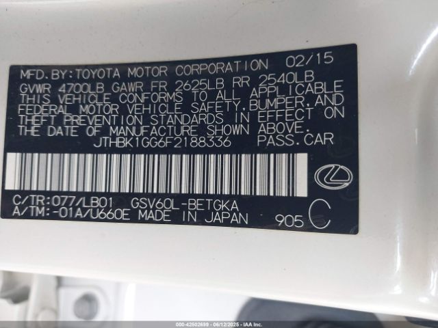 2015 LEXUS ES 350 JTHBK1GG6F2188336 Photo 8