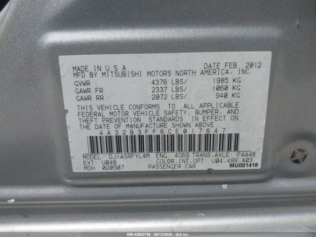 2012 MITSUBISHI GALANT 4A32B3FF6CE017647 Photo 8