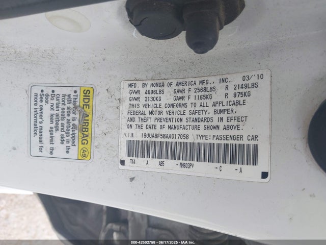 2010 Acura Tl 3.5 მანქანა იყიდება აუქციონზე, vin: 19UUA8F58AA017058, აუქციონის ნომერი: 42502758