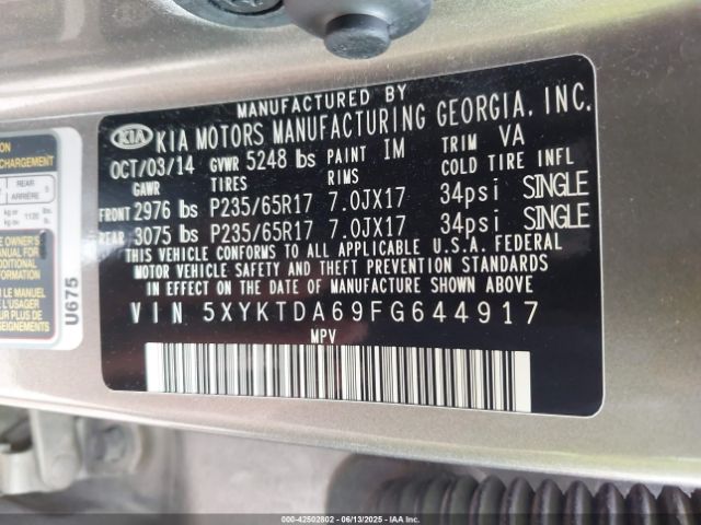 5XYKTDA69FG644917 KIA SORENTO LX