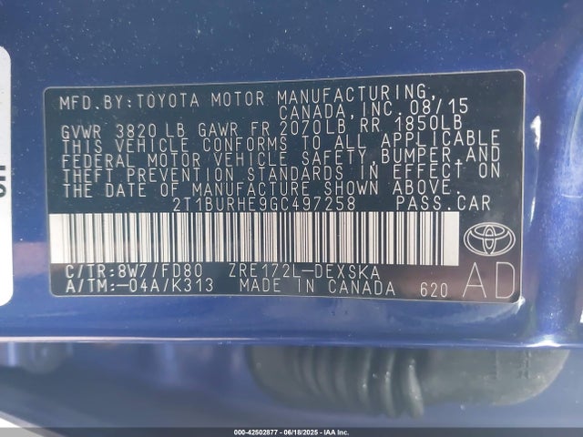 2T1BURHE9GC497258 Toyota 2zr-fe