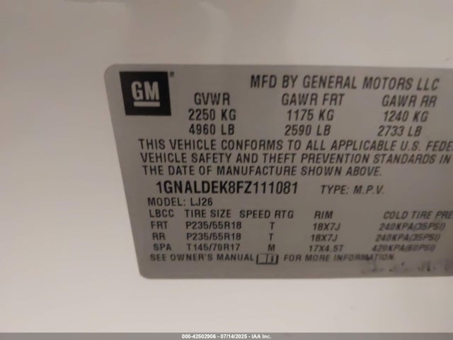 Chevrolet lea - flex fuel (gas/alc), aluminum, ho, 2015 1GNALDEK8FZ111081 Image 9