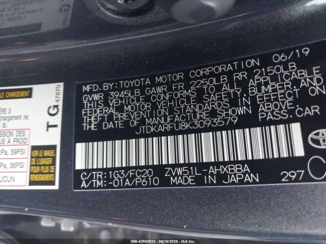 2019 TOYOTA PRIUS JTDKARFU8K3093579 Photo 8