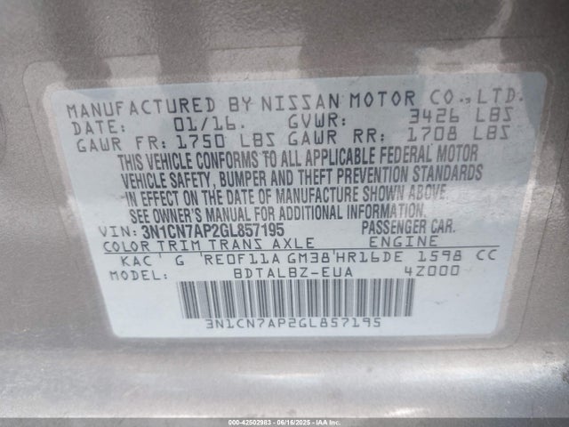 3N1CN7AP2GL857195 Nissan Versa