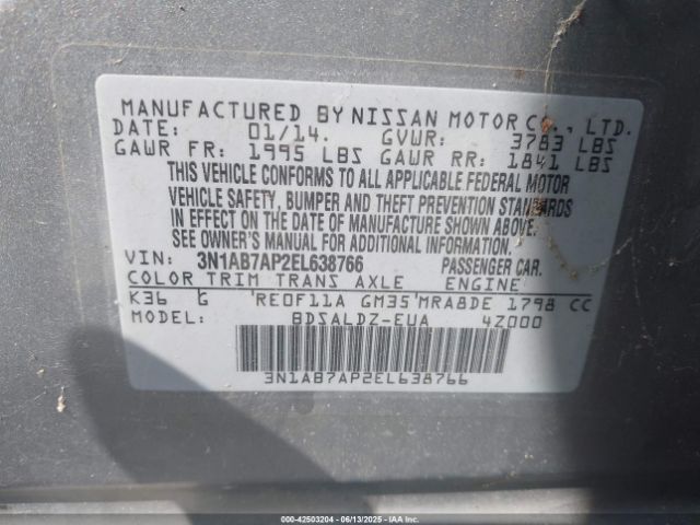 3N1AB7AP2EL638766 Nissan Sentra Fe+ S/fe+ Sv/s/sl/sr/sv