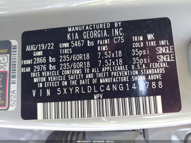 5XYRLDLC4NG147788 KIA gdi theta-iii