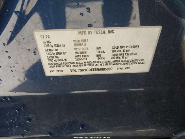 2022 TESLA MODEL Y 7SAYGDEE6NA005092 Photo 8