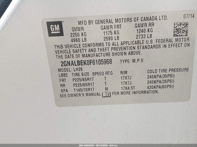 Chevrolet EQUINOX 1LT 2015 2GNALBEK0F6105968 Image 9