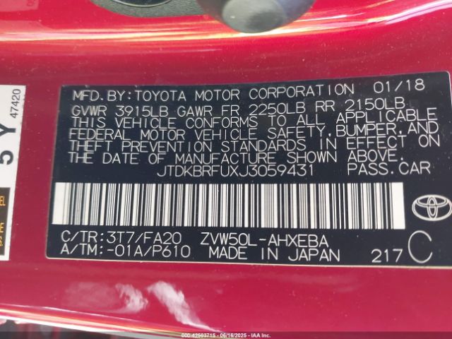 JTDKBRFUXJ3059431 Toyota 2zr-fxe,1nm