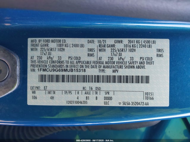 1FMCU9G69MUB15318 Ford dragon di tc