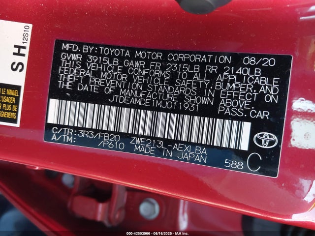 JTDEAMDE1MJ011931 Toyota 2zr-fxe, 1nm