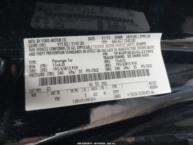 1FADP3E20GL233982 Ford 2016