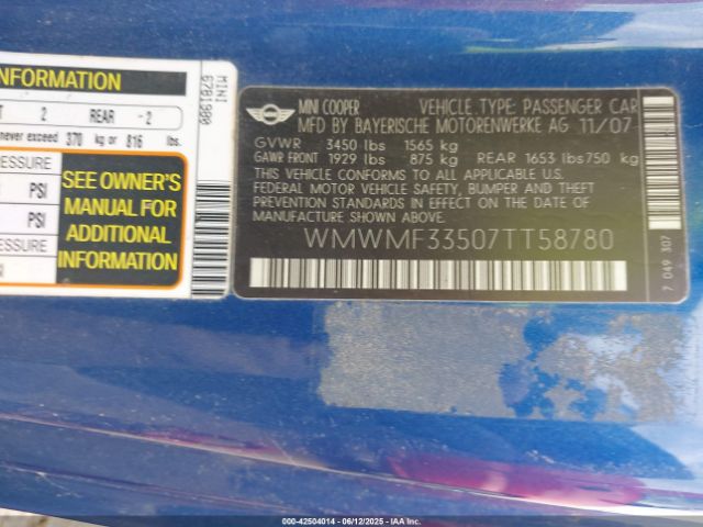 2007 MINI COOPER WMWMF33507TT58780 Photo 8