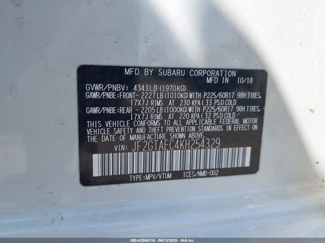 Subaru naturally aspirated 2019 JF2GTAEC4KH254329 Image 9