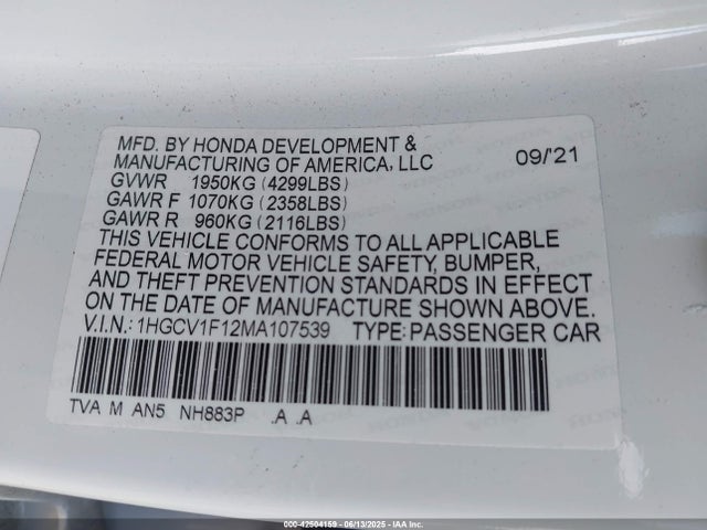 Aukcja sprzedaży 2021 Honda Accord Lx, vin: 1HGCV1F12MA107539, numer aukcji: 42504159